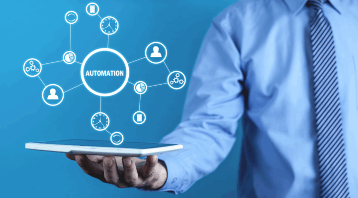 person holding a tablet displaying holographic icons